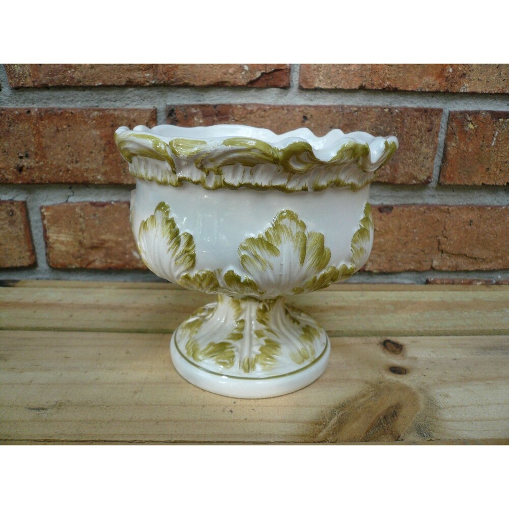 Italian Pottery Handmade & Painted Footed Compote Vase Acanthus Leaves 5" - Picture 2 of 5
